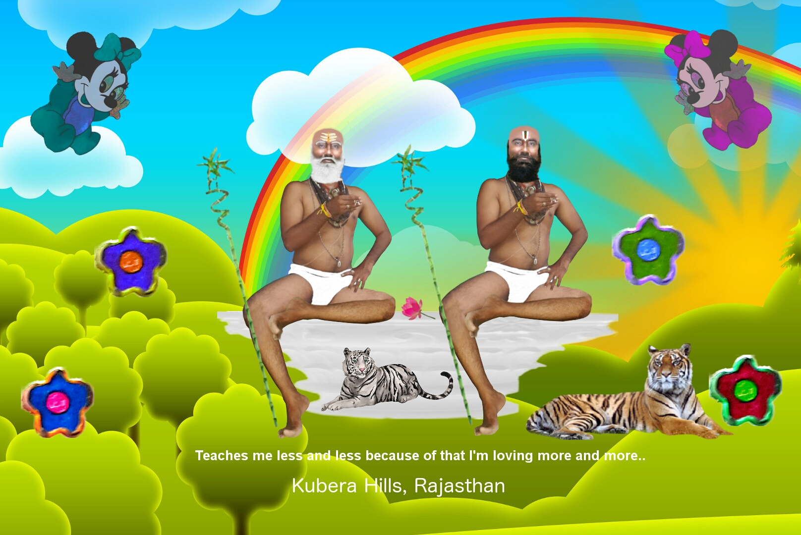 Two seated siddhars with a white tiger and a golden tiger resting before them, beneath a rainbow