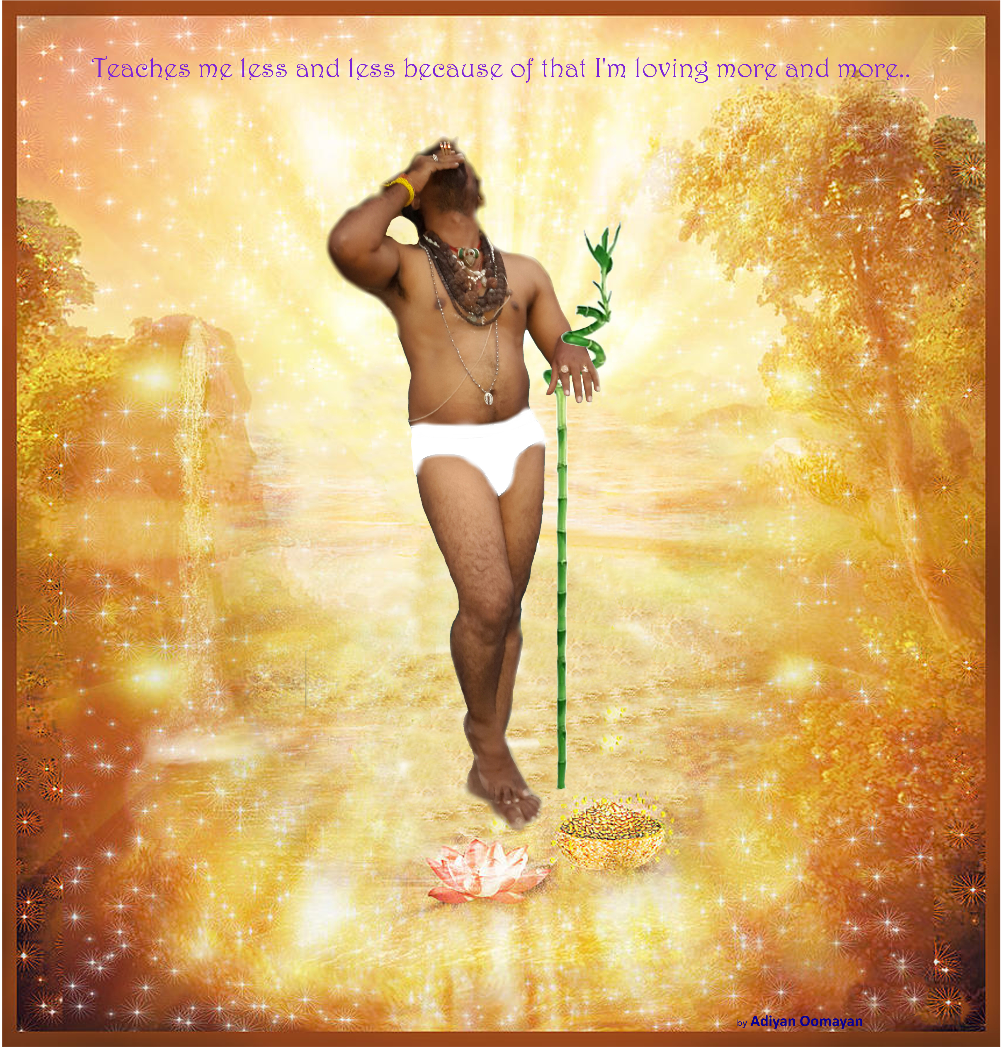 A standing figure with a green bamboo staff in golden light, a lotus and a vessel of grain at his feet