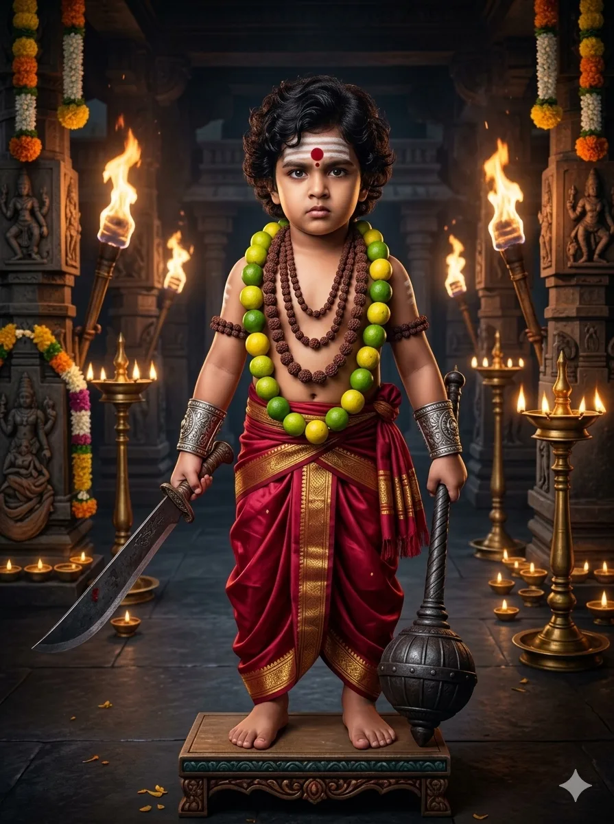 Devotional painting of a divine child standing guard in a torch-lit temple corridor, a curved blade in one hand and a mace in the other