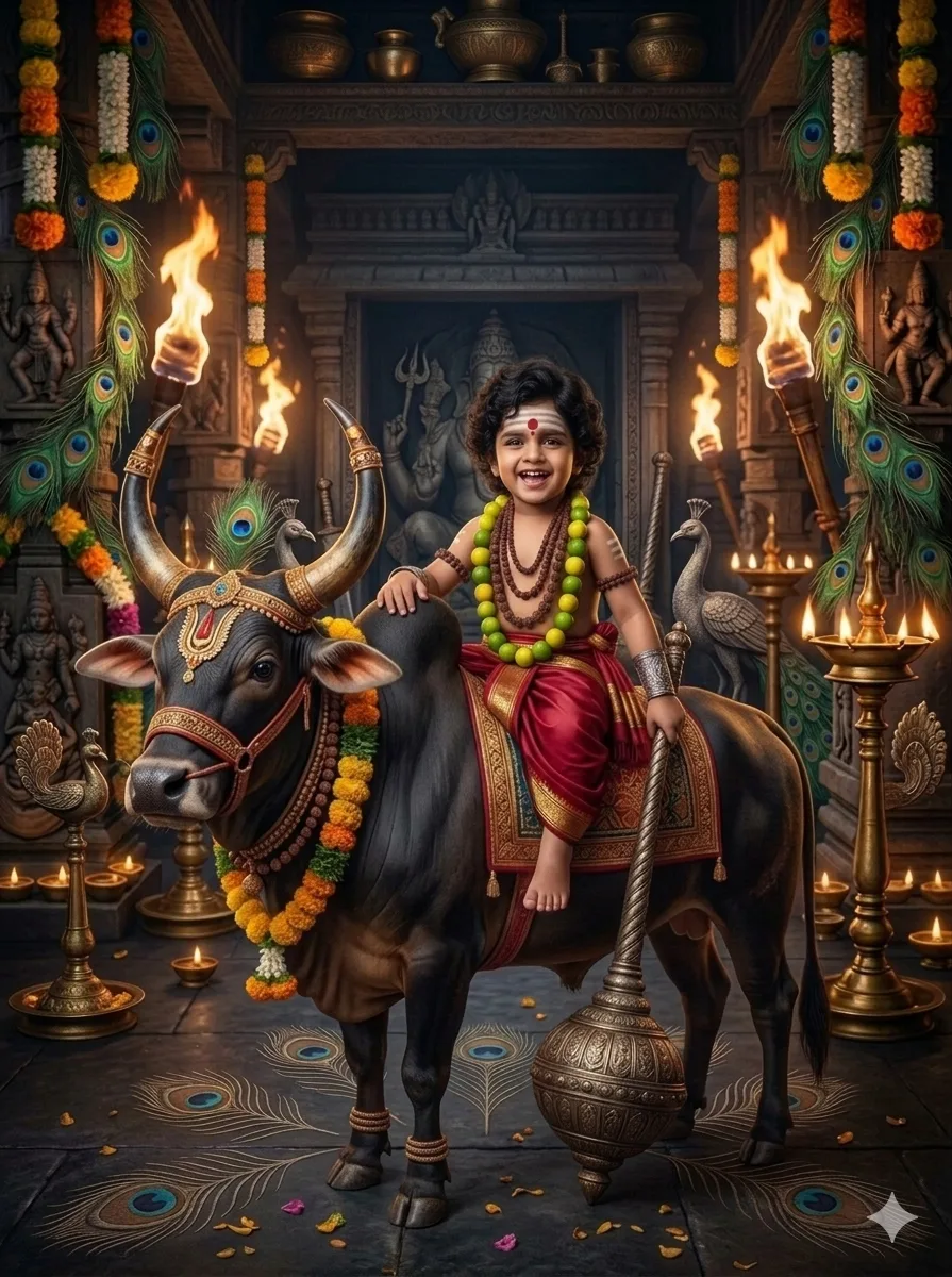 Devotional painting of the divine child laughing astride a garlanded temple bull, framed by peacock feathers and lamplight