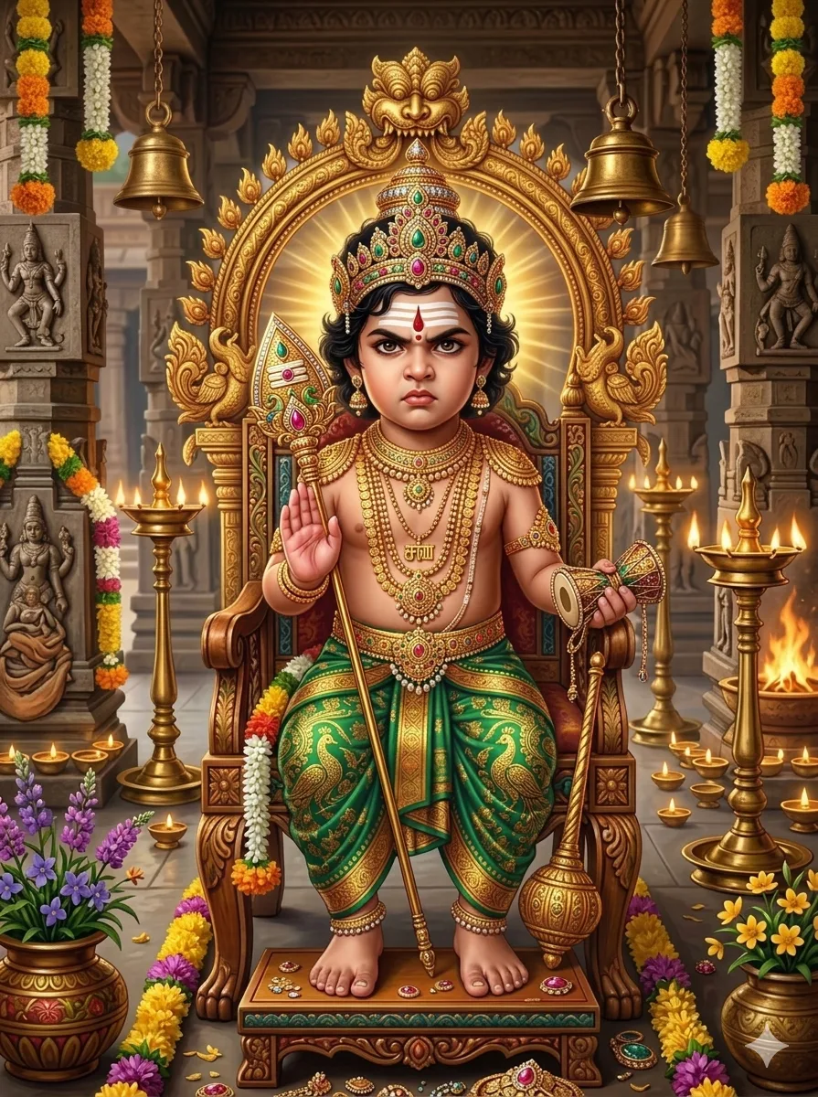 Devotional painting of the divine child enthroned in gold beneath temple bells, vel in hand, palm raised in blessing