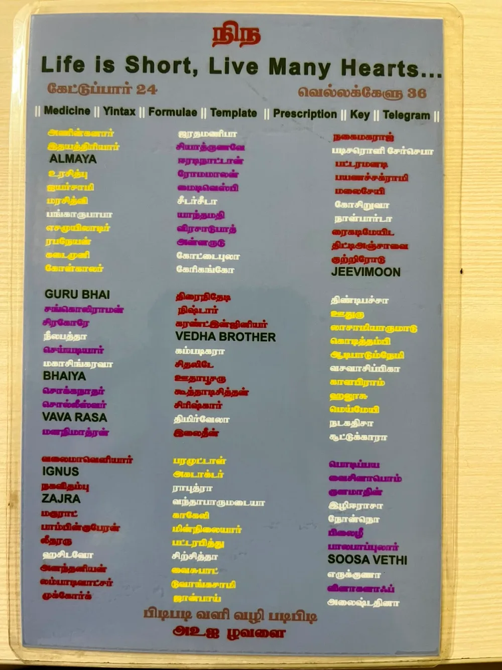 The full list of soul names, written in Tamil on the card kept at the Guhai, headed 'Life is Short, Live Many Hearts…'